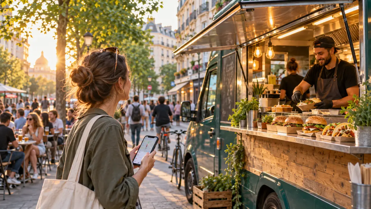 Table colorée garnie de plats de street food variés en ville