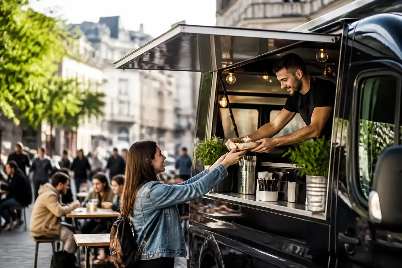Food truck coloré servant de la street food dans une rue animée