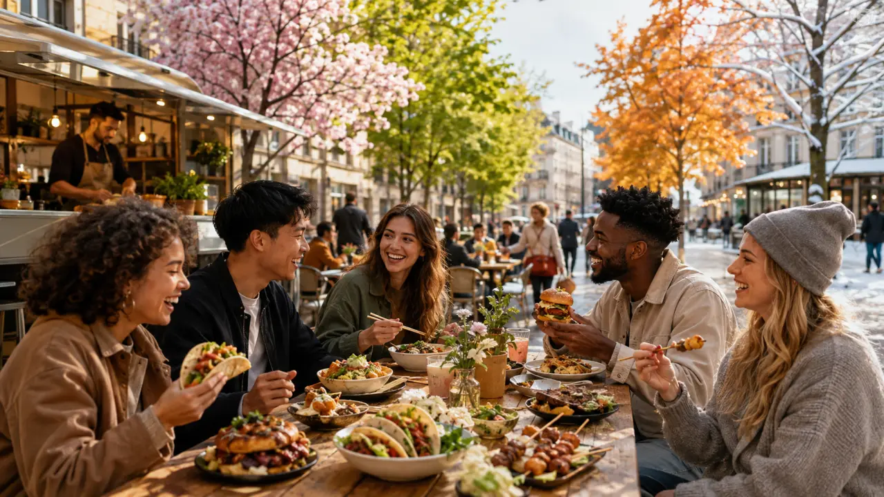 Table garnie de tacos, bao buns et burgers de street food