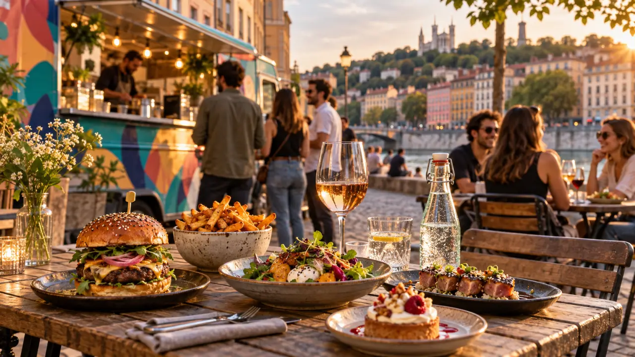 Table lyonnaise garnie de plats de street food et de spécialités gourmandes