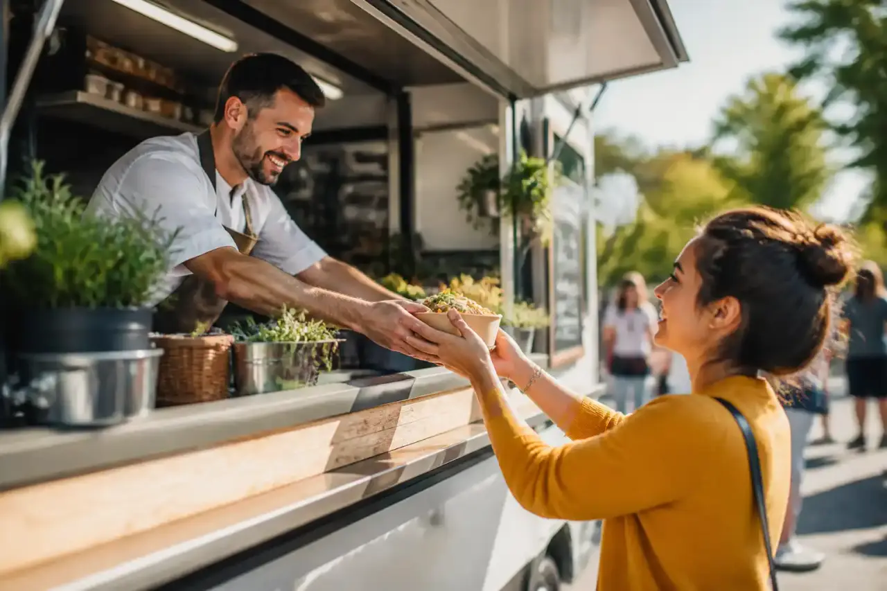 Table de street-food vue de dessus avec tacos, bao buns et burgers gourmets