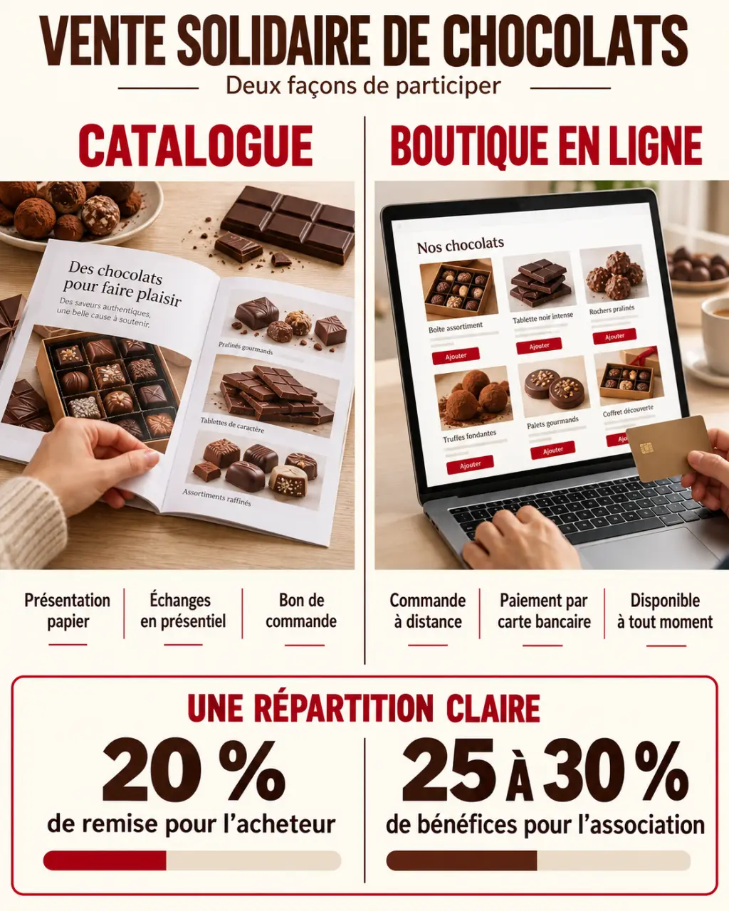 Initiatives Saveurs : comparaison entre catalogue et boutique en ligne avec distinction entre remise de 20 % et bénéfices associatifs de 25 à 30 %