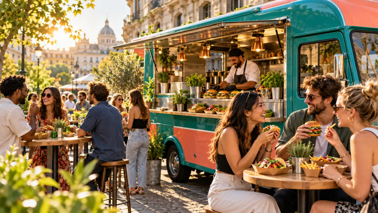 Table colorée garnie de plats de street food servis par un food truck