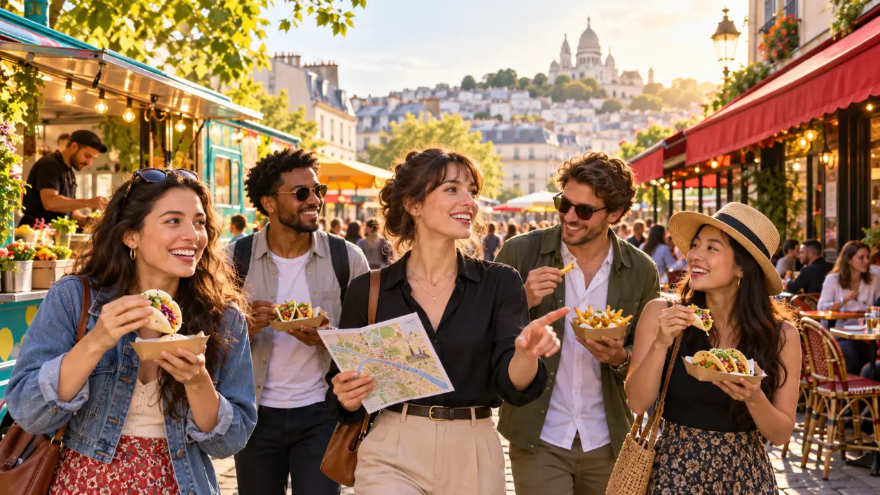 Table de street food variée, avec tacos, bao buns et burger, pour un parcours gourmand en ville