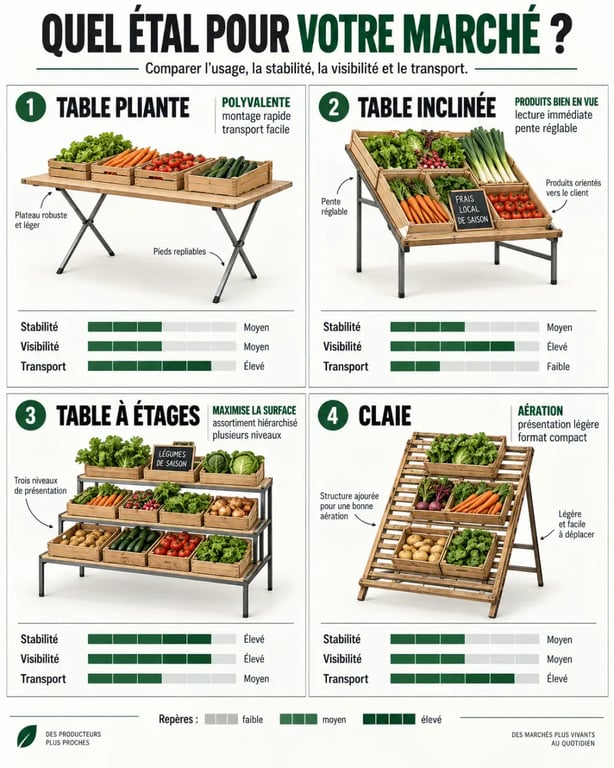 Infographie comparative des équipements pour un étal de marché