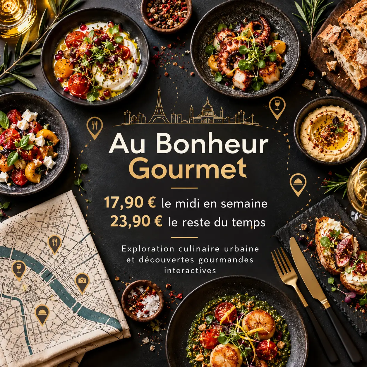 Menu Au Bonheur Gourmet : 17,90 € le midi en semaine, 23,90 € le reste du temps