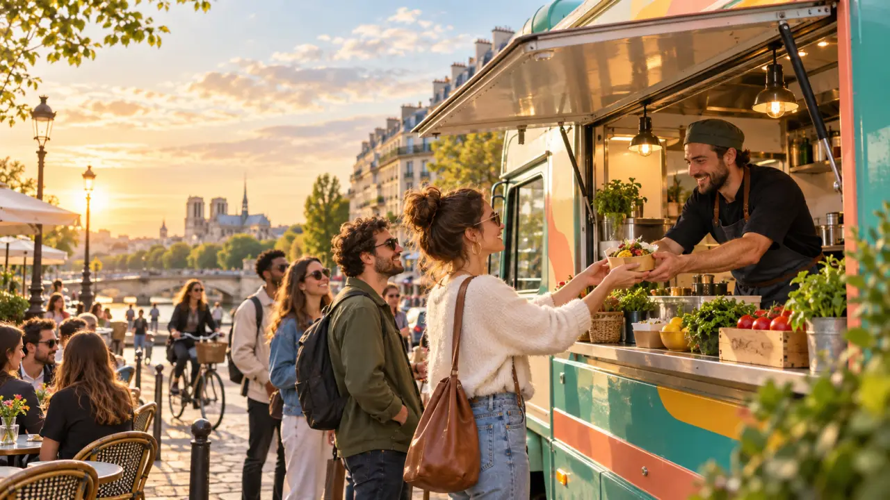 Table colorée garnie de plats de street food et de burgers gourmets