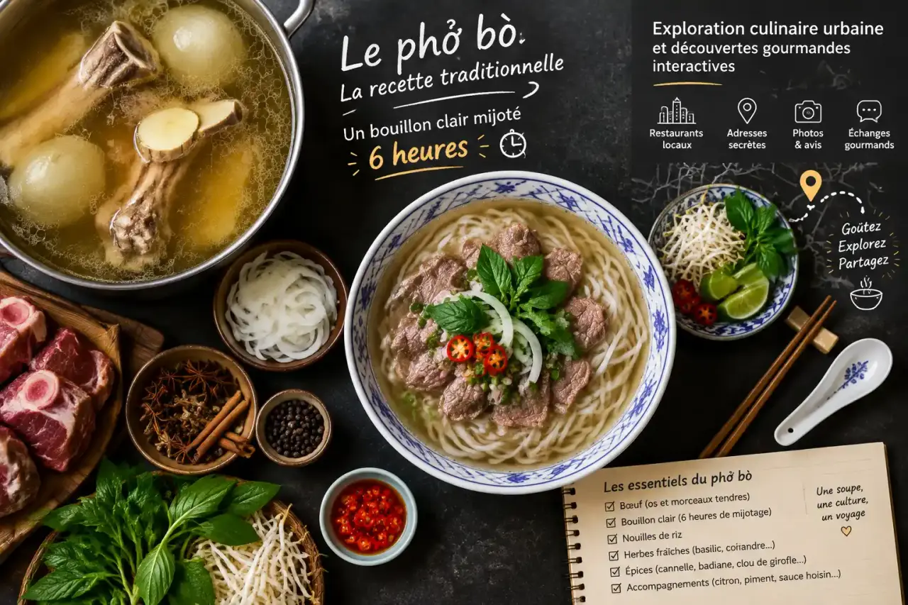 La recette traditionnelle du phở bò repose sur un bouillon clair mijoté 6 heures