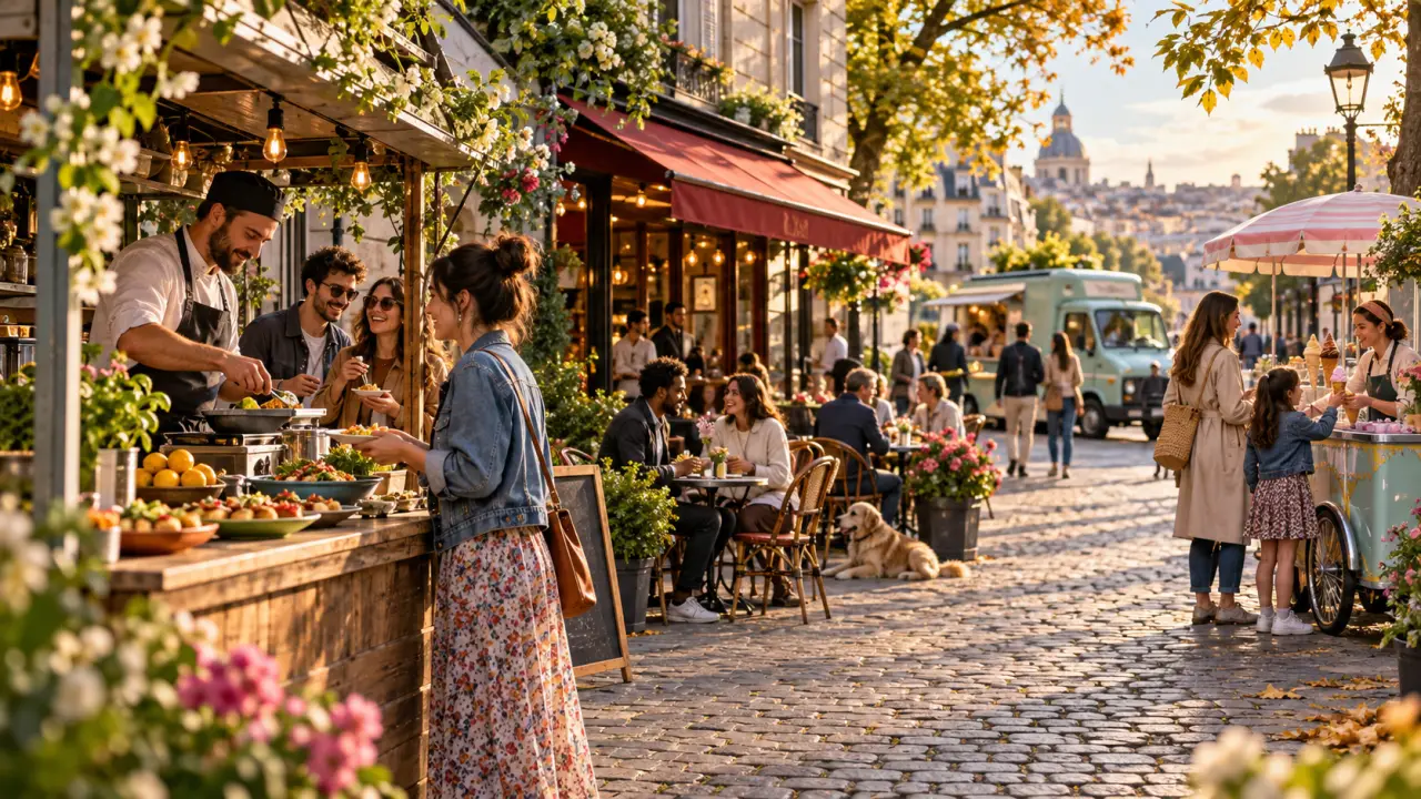Table urbaine garnie de plats de saison dans un comptoir de quartier