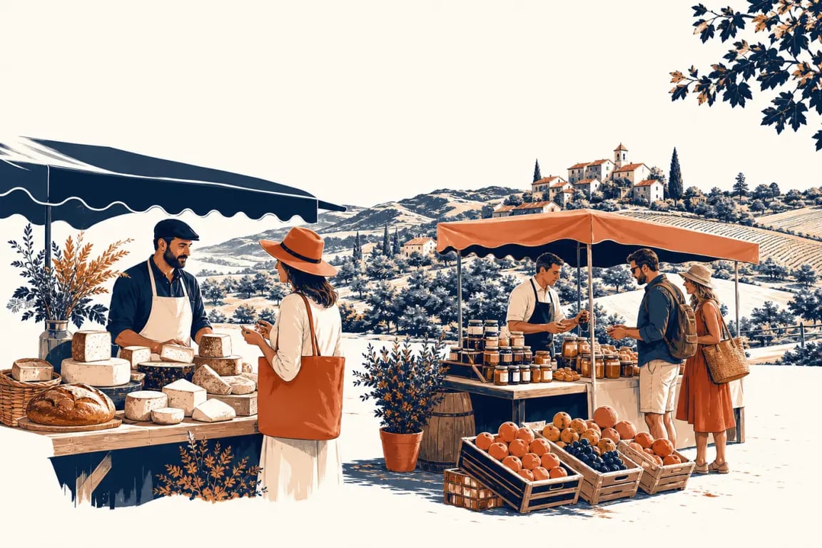 Escapade gourmande dans un marché de producteurs avec dégustation de produits régionaux