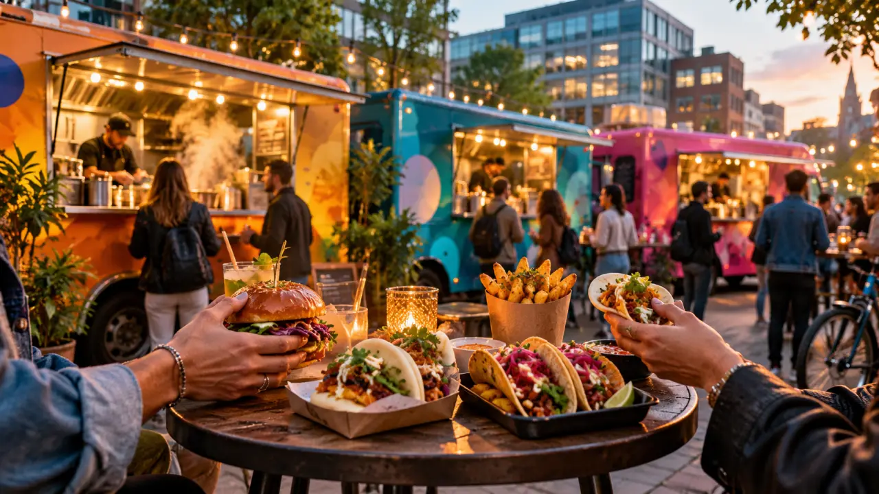 Comptoir nomade de food truck coloré dans une rue animée