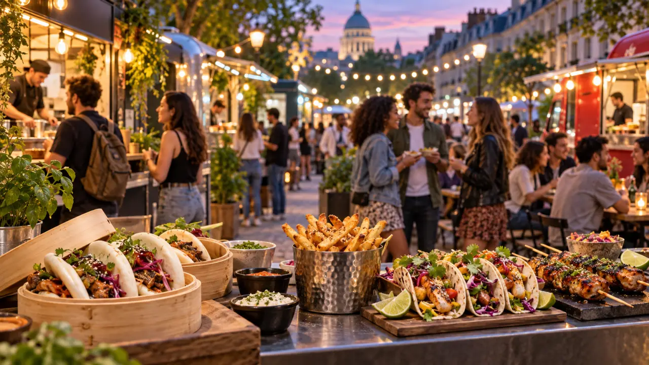 Table colorée garnie de tacos, bao buns et burgers de street food