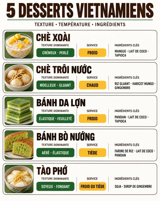 Infographie sur les principaux desserts vietnamiens classés par texture et température de service