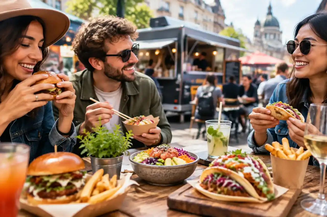 Table colorée garnie de plats de street food pour un food tour en ville