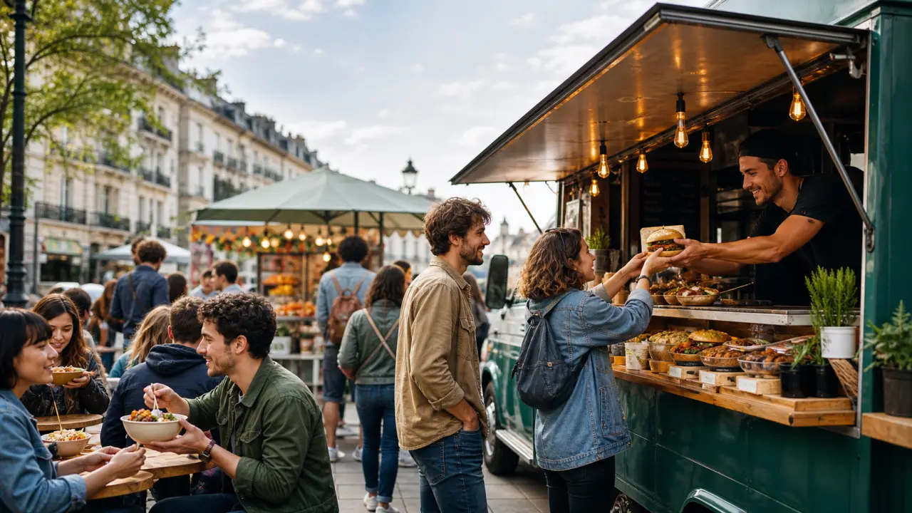 Table de street-food vue du dessus avec tacos, bao buns et burgers gourmets