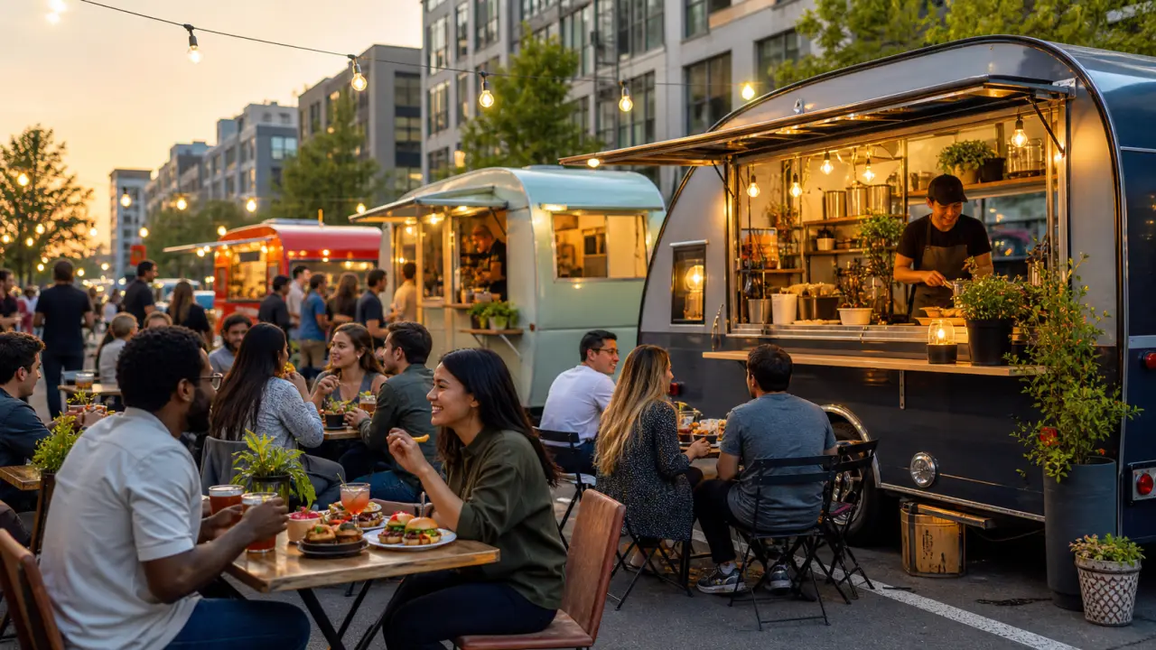 Vue zénithale d'une table généreuse de street food avec tacos, bao buns et burgers gourmets