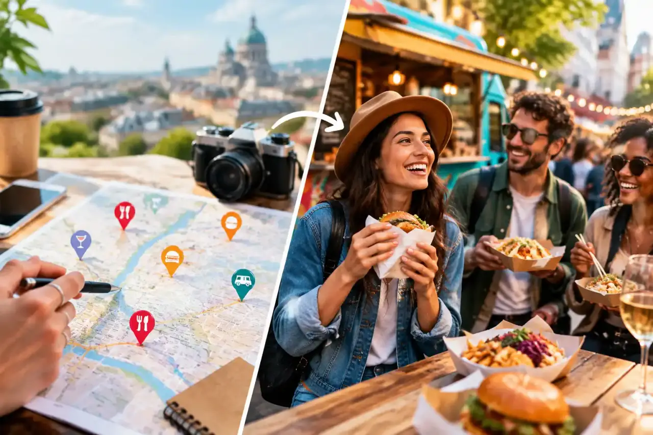 Table colorée réunissant plusieurs spécialités de street food en ville