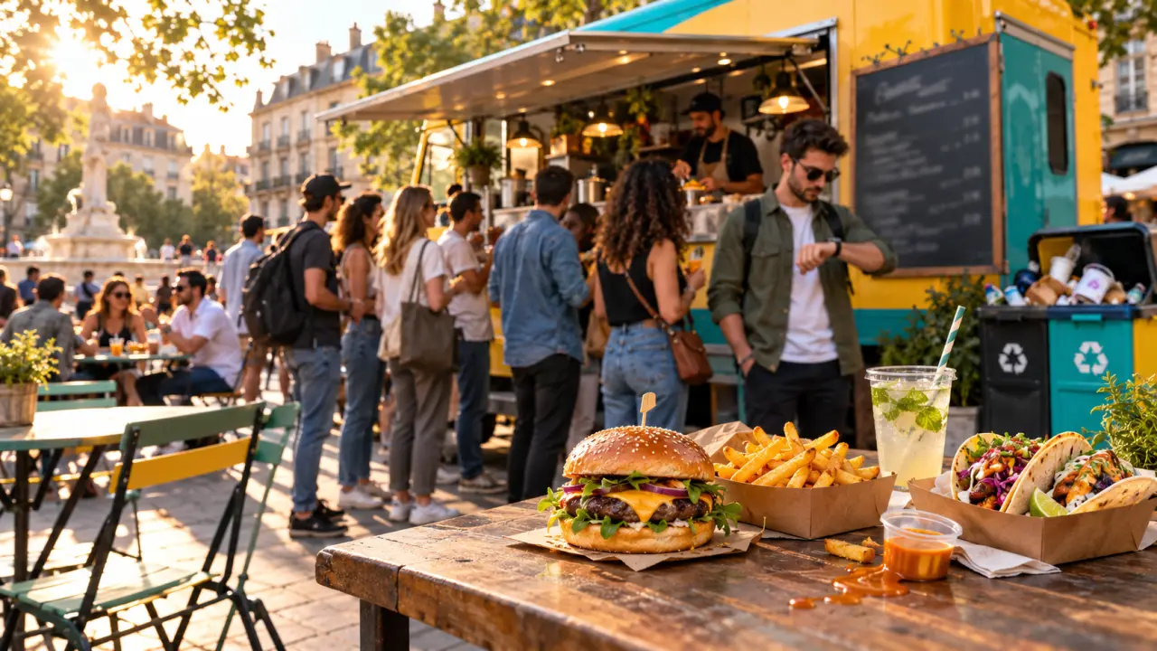 Table urbaine garnie de plats de street food servis par un food truck