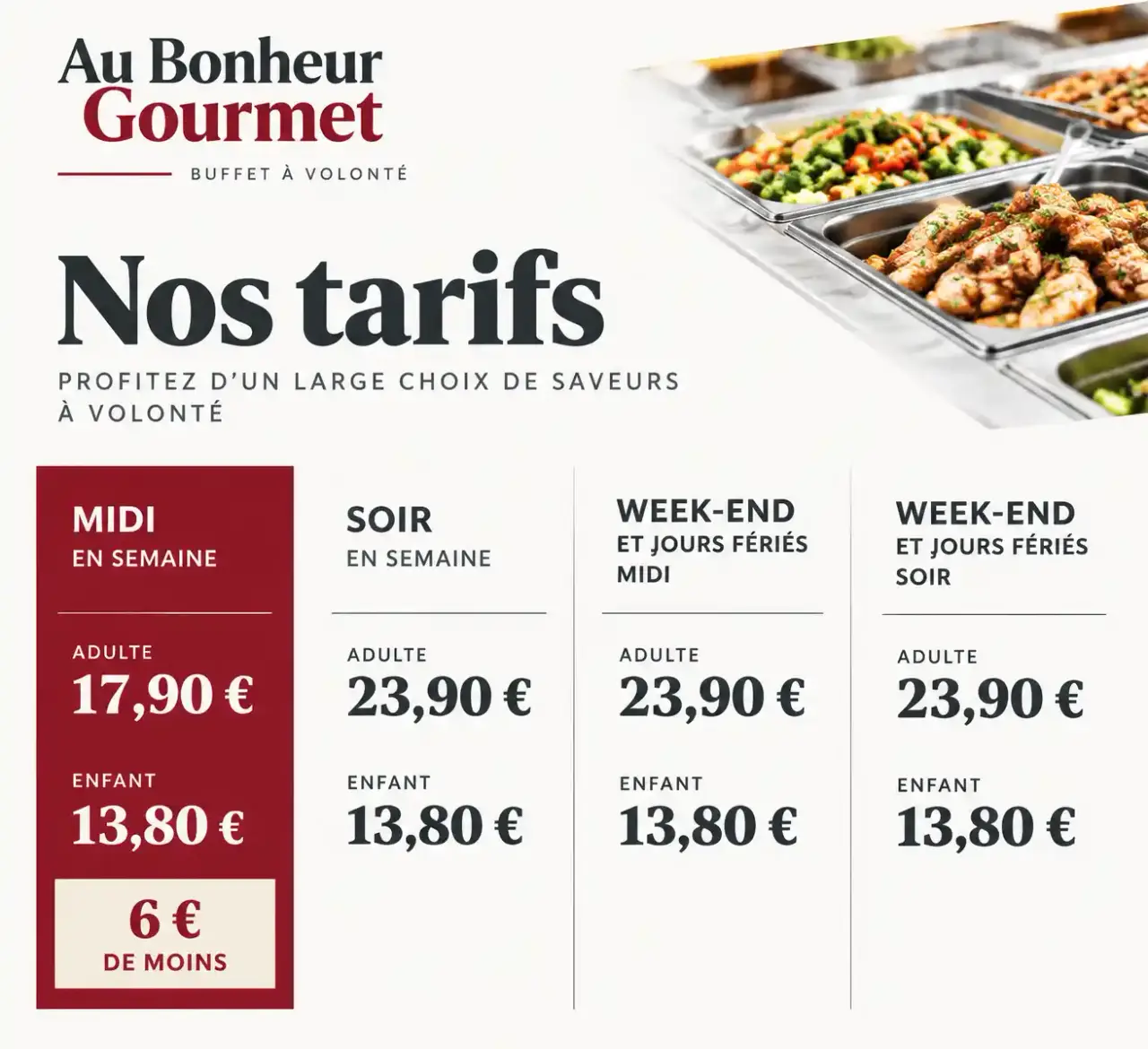 Menu d'Au Bonheur Gourmet : grille des tarifs du buffet à volonté selon le jour et le service, adulte et enfant