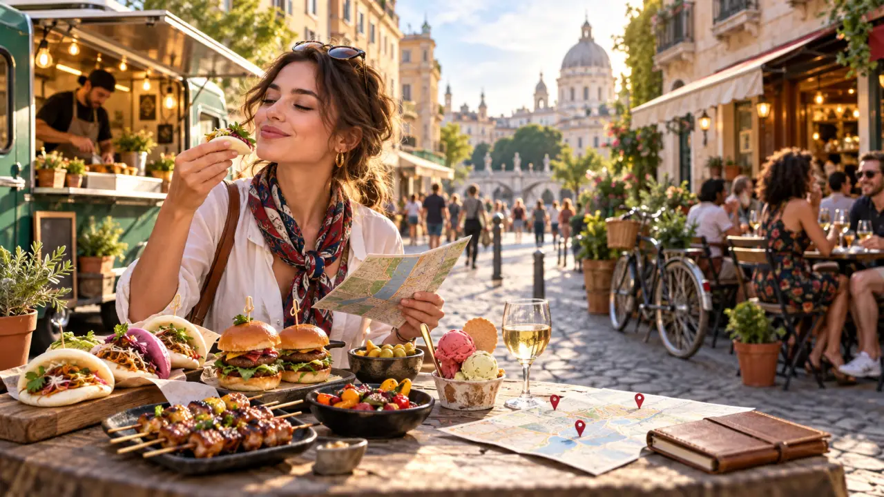 Table colorée remplie de plats de street food en ville