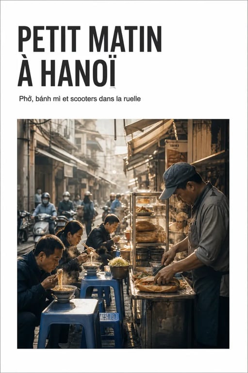 Food street vietnam : scène de street food animée dans une ruelle de Hanoi avec bols fumants et stands de rue