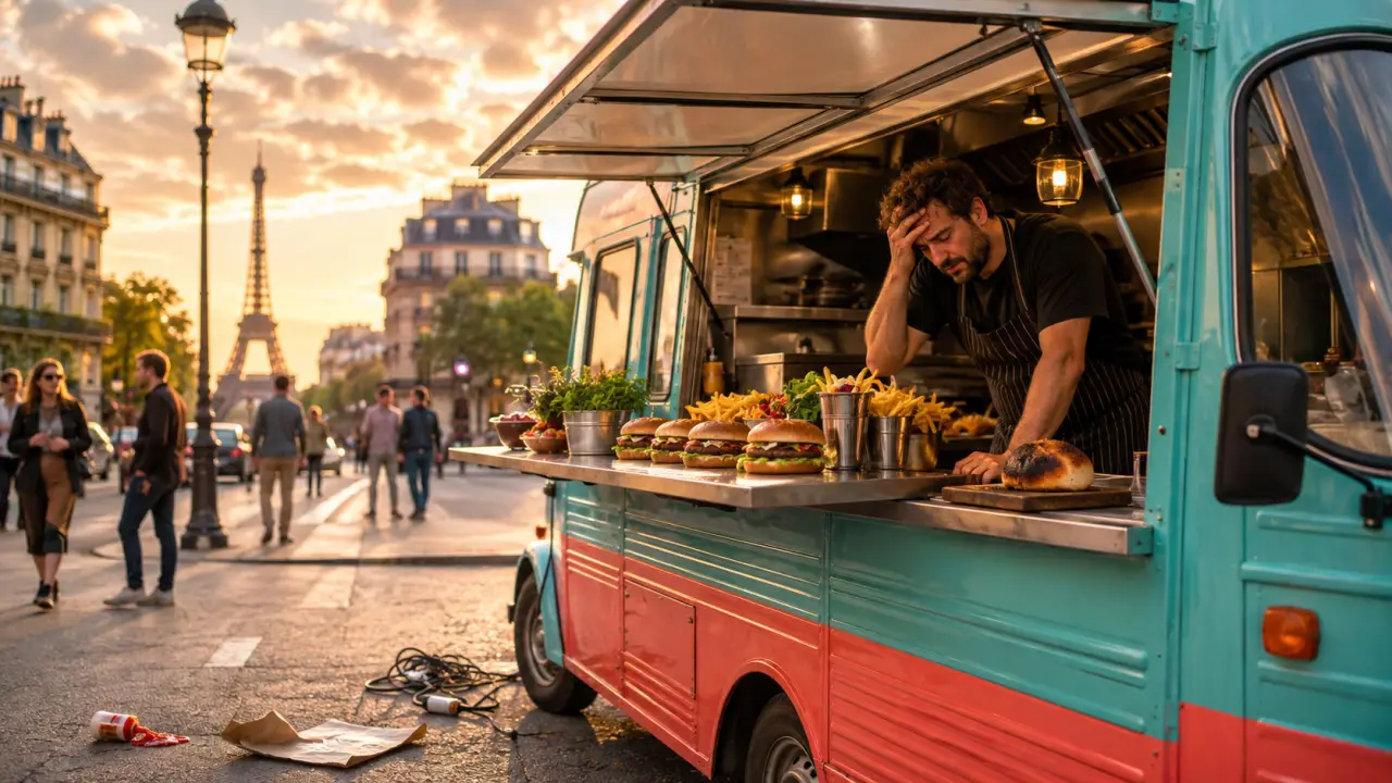 Table de street food avec burgers, tacos et bao buns colorés en ville