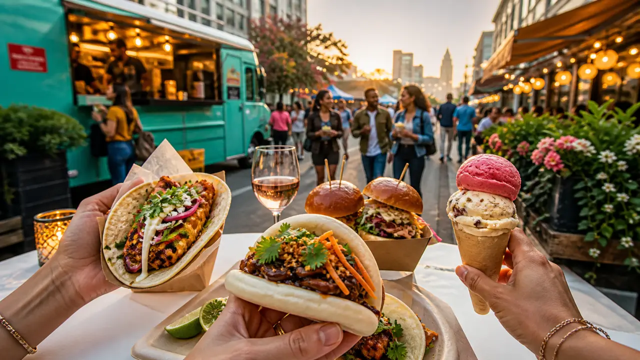 Table de street-food variée avec tacos, bao buns et burgers gourmets sur fond crème