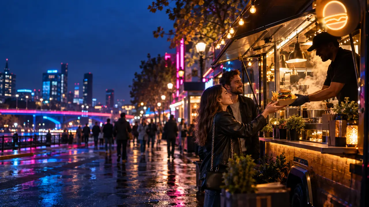 Food truck coloré installé dans une rue de nuit, avec des clients autour du comptoir