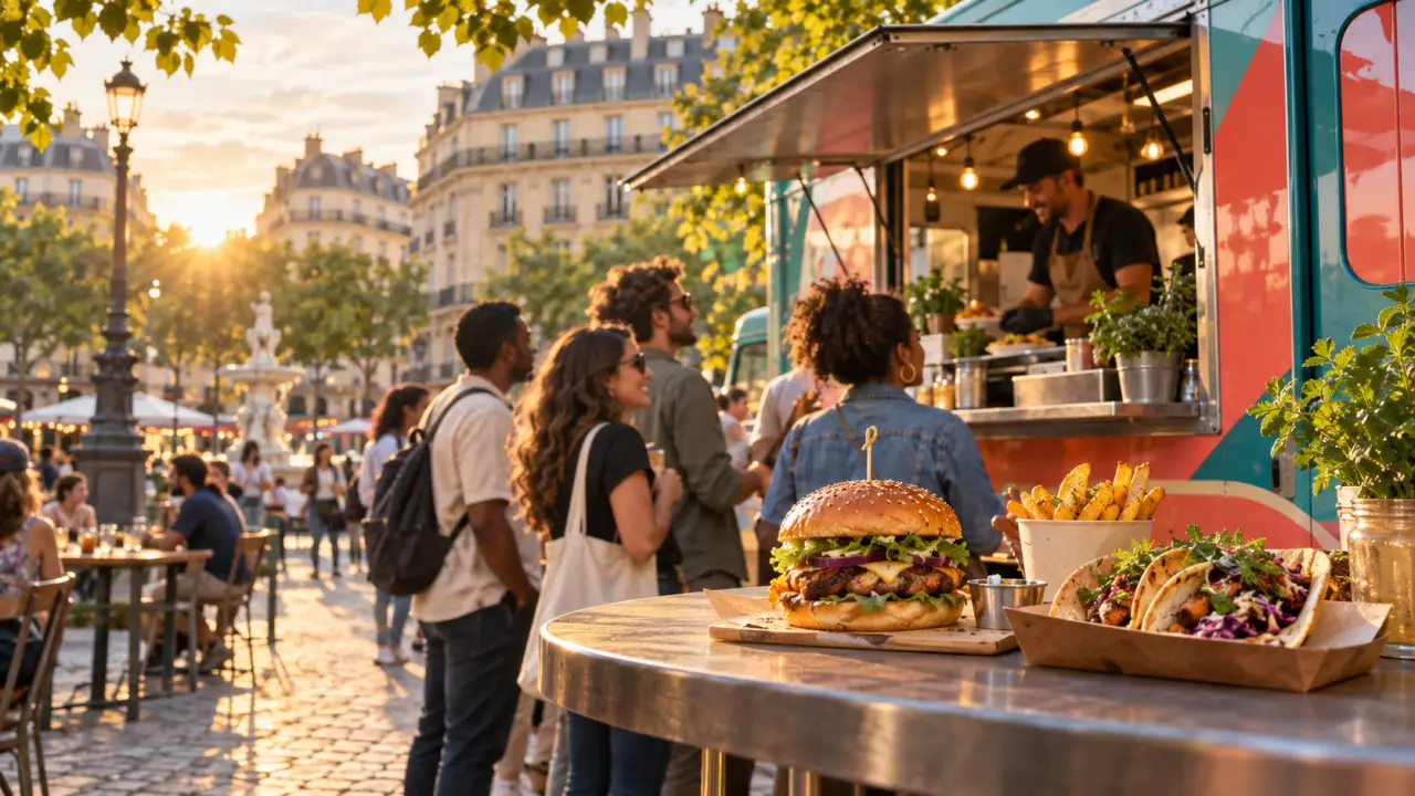 Food truck coloré installé dans une rue de la ville