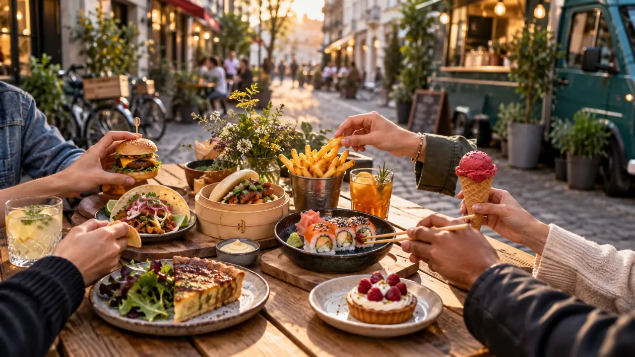 Table colorée garnie de tacos, de bao buns et de burgers gourmets
