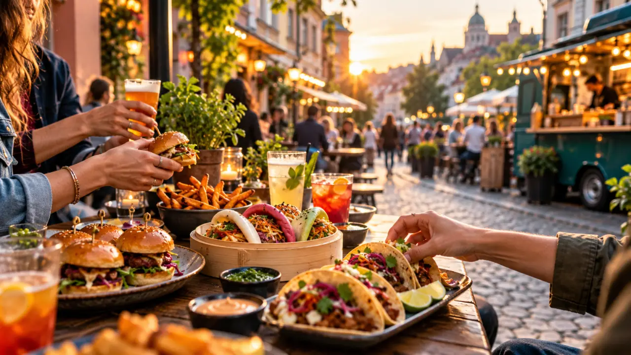 Table conviviale garnie de spécialités de street food dans un quartier animé