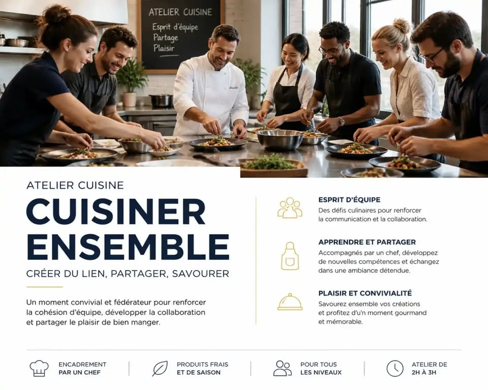 Atelier cuisine entreprise réunissant des collaborateurs autour d'un chef professionnel