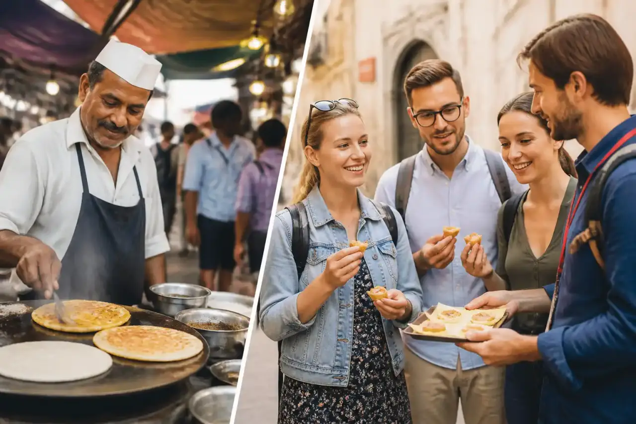 Sélection de plats de street food colorés et savoureux sur une table en bois