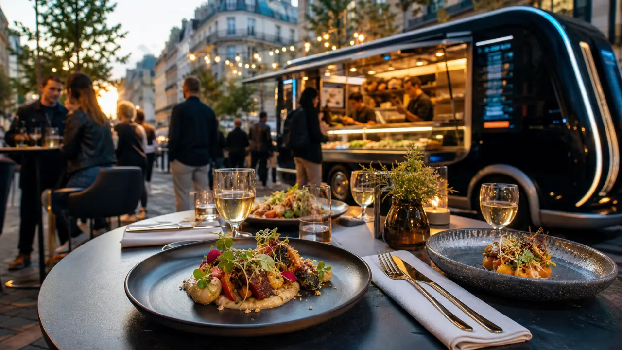 Table de street-food variée avec tacos, bao buns et burgers gourmets